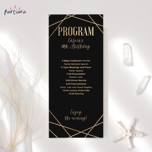 Carte de programme modèle modifiable noir et or anniversaire dîner table programmes imprimable téléchargement numérique pour hommes ou femmes événements P86