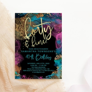 Convite de 40º aniversário para mulheres, modelo de convite para festa de senhoras de quarenta e belas, decoração rosa-choque, azul-petróleo e preto, download editável P750