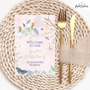 Cartão de boas-vindas para festa de 16 anos encantada, fada da floresta da floresta para meninas, 1º aniversário, decoração de mesa com borboletas florais rosa, download editável P204