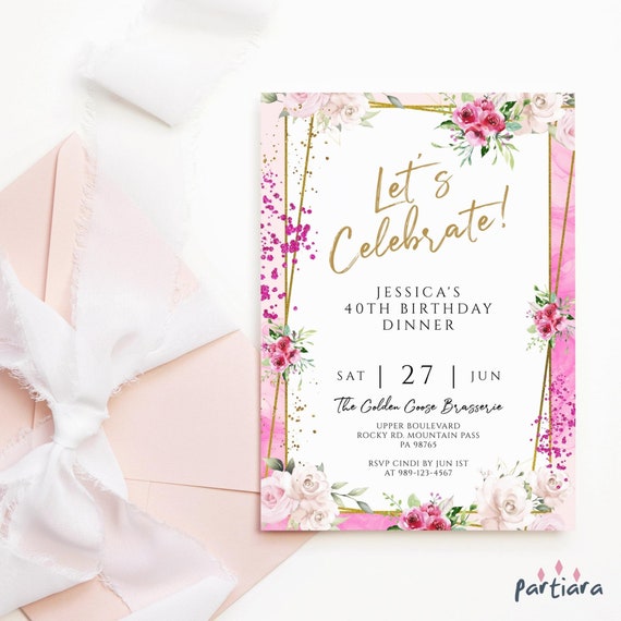 Pink Gold Floral Birthday Invitation Printable Ladies Hot - Etsy