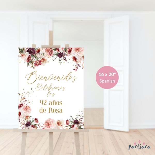 Fall Birthday Sign Spanish Welcome Party Poster Decoration Printable Ladies 50th 60th 70th 80th Blush Red Floral Editable Download P173