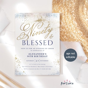90th Birthday Invite Ninety and Blessed Dinner Party Invitations Navy Blue Gold Decor Printable Editable Digital Download Template P698