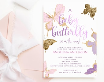 Baby Butterfly On the Way, Baby Shower Invitation Printable, Girls Pink Purple Butterflies Card, Editable Digital Download Template P345