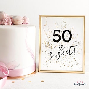 Cartel de cumpleaños número 50, cartel decorativo para mesa de postres, para hombres o mujeres, 40, 50, 60, 70 años, imprimible, dorado negro, editable, descarga P291