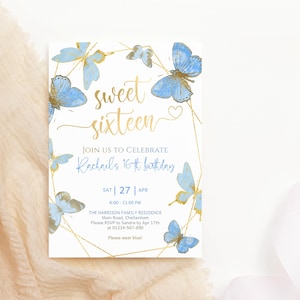 Invito per i 16 anni, modello a farfalla per invito per i 16 anni, inviti stampabili per feste estive per ragazze, decorazioni blu cielo e oro P277