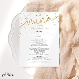Menú de cena de cumpleaños con plantilla en oro blanco, menú imprimible de eventos importantes para damas, tarjeta del 50.° aniversario de bodas, descarga editable P493