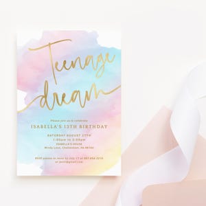 Invito "Teenage Dream", invito stampabile per la festa del 13° compleanno, inviti per piscina estiva per ragazze adolescenti, decorazioni arcobaleno pastello, modello modificabile P179