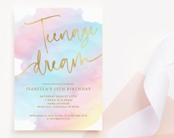 Teenage Dream Invitation, 13th Birthday Party Invite Printable, Teen Girls Summer Pool Invites, Pastel Rainbow Decor, Editable Template P179