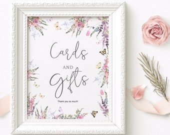 Butterfly Gift Table Sign, Floral Cards and Gifts Poster Printable, Girl Baby Shower Wildflower Decor, Editable Digital Download P256