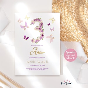 3rd Birthday Invitation Butterfly Party for Girls in Spanish, Pink Purple Floral Enchanted Garden Invite Printable Editable Download P276