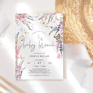 Baby Brunch Invite Girl Baby Shower Wildflower Invitation Butterfly Floral Pastel Pink Lilac Decor Printable Editable Digital Download P256