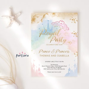 Koninklijke verjaardagsuitnodiging, prinsessenfeestje uitnodiging sjabloon, meisjes sprookjeskasteel kaart afdrukbare, pastel blauw roze tiara decor bewerkbare P137