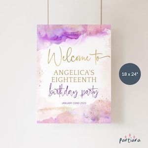 Cartel de bienvenida de cumpleaños, decoración de fiesta rosa y violeta, imprimible, plantilla editable de póster de bienvenida para adolescentes de 13, 16 y 18 años, descarga P242