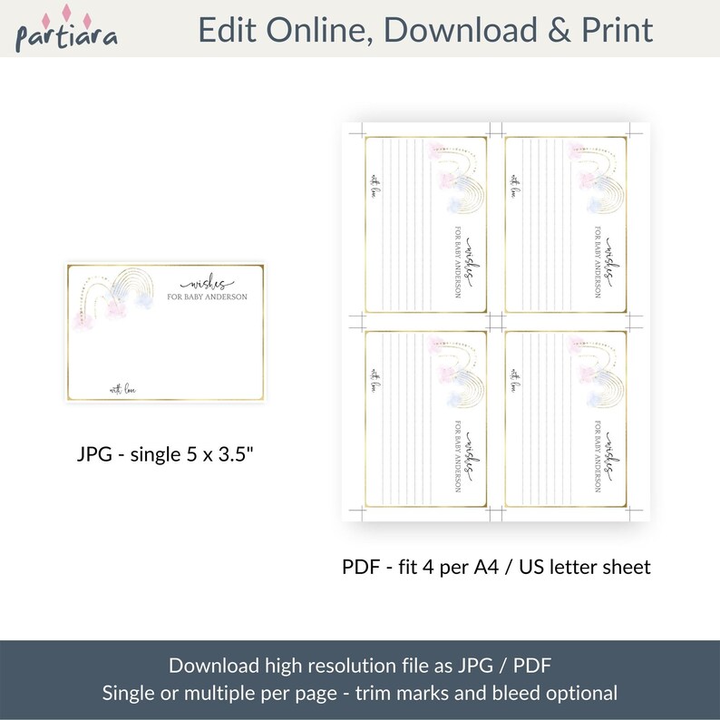 Rainbow Baby Shower Wishes and Advice Cards Printable, Pastel Blue Pink