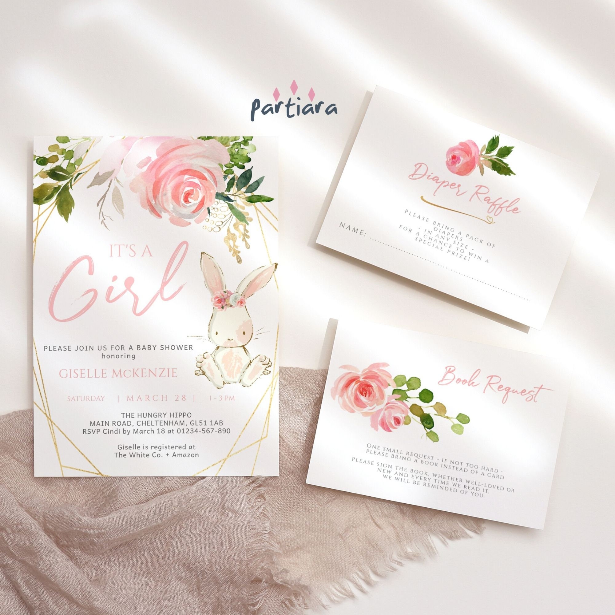 Baby Shower Invite Pack Bunny Baby Shower Invitation Girl Woodland Pink