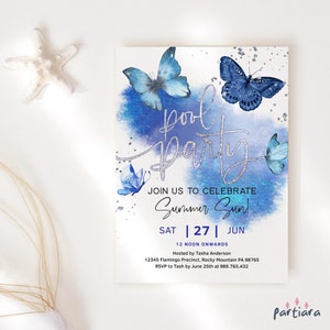 Girls Pool Party Invite Template, Editable Birthday Pool Party Invitation Printable, Royal Blue Silver Butterflies Decor, Download P617