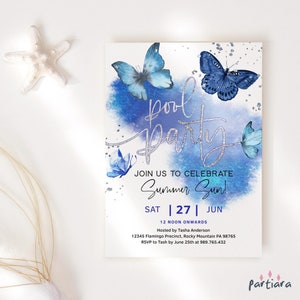 Invito per festa in piscina con farfalle, download digitale, inviti stampabili per compleanno con farfalle blu, decorazioni in argento reale, modificabili P617