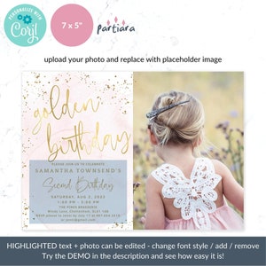 May include: A pink and gold birthday invitation with a watercolour background and gold glitter. The invitation says "Second Birthday" and has a photo of a young girl wearing a white dress with a lace back. The text on the invitation is editable.