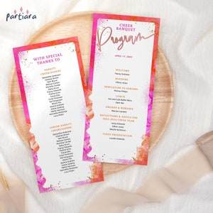 Carte programme orange rose imprimable, programmes de Table de dîner d'anniversaire, banquets tropicaux roses fuchsia, téléchargement numérique modifiable P200