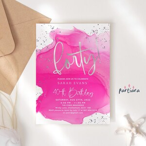 Plantilla de invitación para el 40.° cumpleaños en rosa intenso, invitación imprimible para el 40.° cumpleaños de una dama, decoración de cena de baile plateada, descarga digital editable P200