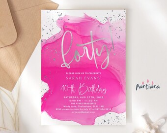 Hot Pink 40th Invite Template, Ladies 40th Birthday Invitation Printable, Silver Dinner Dance Decor, Editable Digital Download P200