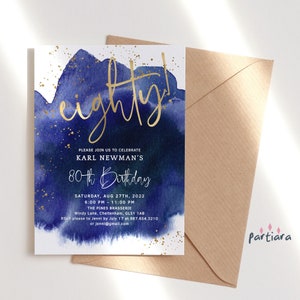 80th Birthday Invitation, Mens Blue 80 Birthday Invite Printable, Surprise Dinner Party Navy Gold Decor Editable Digital Download P627