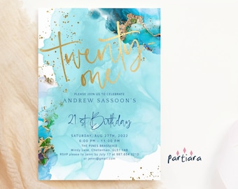 21st Birthday Invitation, Summer 21 Pool Party Invite Template, Sky Blue Gold Decor, Editable Digital Download Card P243