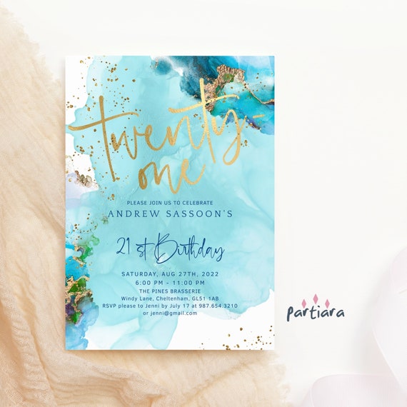 21st Birthday Invitation, Summer 21 Pool Party Invite Template, Sky Blue Gold Decor, Editable Digital Download Card P243