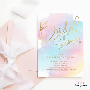 Pastel Bridal Shower Invitation, Rainbow Bridal Shower Brunch Invite Printable, Elegant Pink Ombre Gold Party Invite Editable Template P179