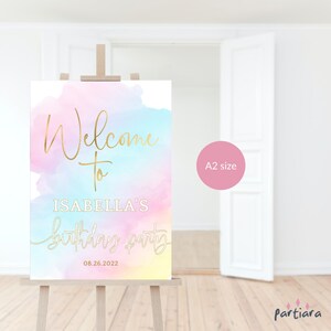 Rainbow Birthday Welcome Sign Girl Printable Party Welcome Poster Pink Blue Pastel Ombre Sky Decor Editable A2 Template Download P179