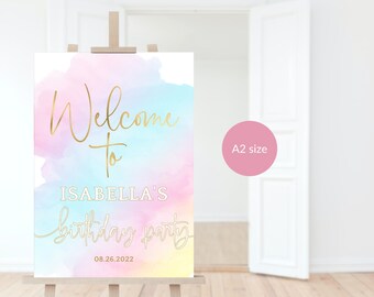 Cartel de bienvenida de cumpleaños de arcoíris para niña, imprimible, para fiesta, decoración de cielo degradado rosa, azul y pastel, plantilla A2 editable, descarga P179