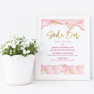 Soda Bar Zeichen bearbeitbare Vorlage, Teen Girls Party Getränke Tischmenüs druckbar, Pastellrosa und Gold Achat Dekor, digitaler Download P488