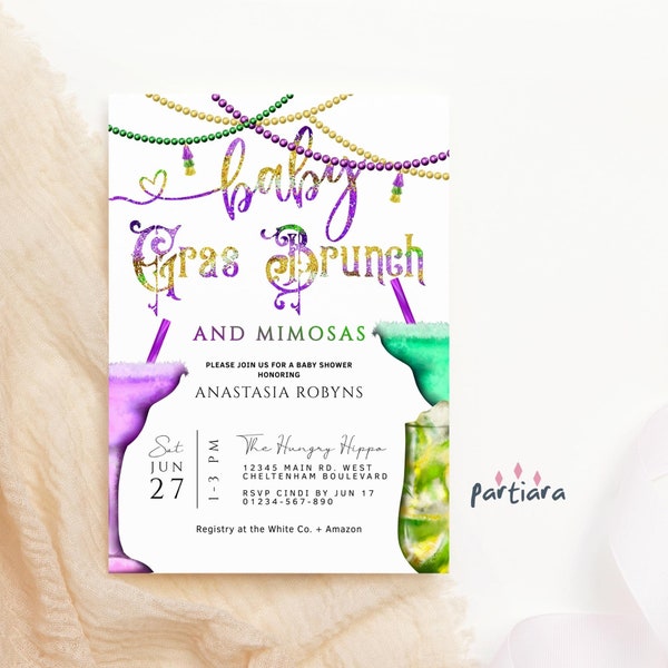 Brunch de Mardi Gras pour bébé et invitation de mimosas pour baby shower imprimable Carnaval de Mardi Gras Invitation à une fête à thème en téléchargement numérique P745