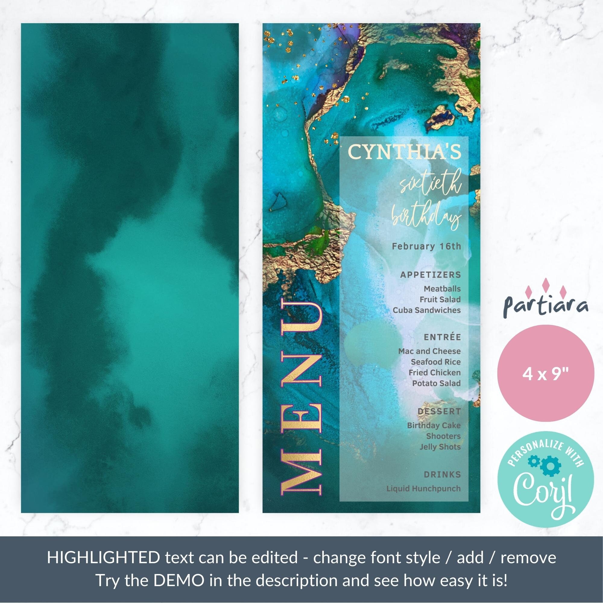 Emerald Green Menu Card Printable, Birthday Dinner Party Menus Editable ...
