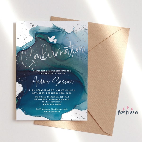 Boy's Confirmation Invitation Printable Teal Blue Silver Party Invite with Dove Editable Digital Download Template P279