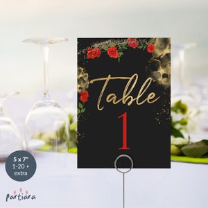 Modèle de carte numéro de Table dîner pour dames, Saint Valentin roses rouges noir or décoration imprimable, modifiable en téléchargement numérique P210