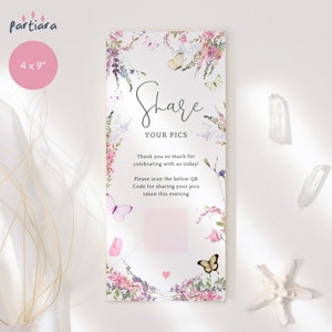 Verjaardag QR-codetabel bedankkaart afdrukbaar - Wildflower Party Notecard - meisjes bloemen vlinderdecor, bewerkbare sjabloon P256