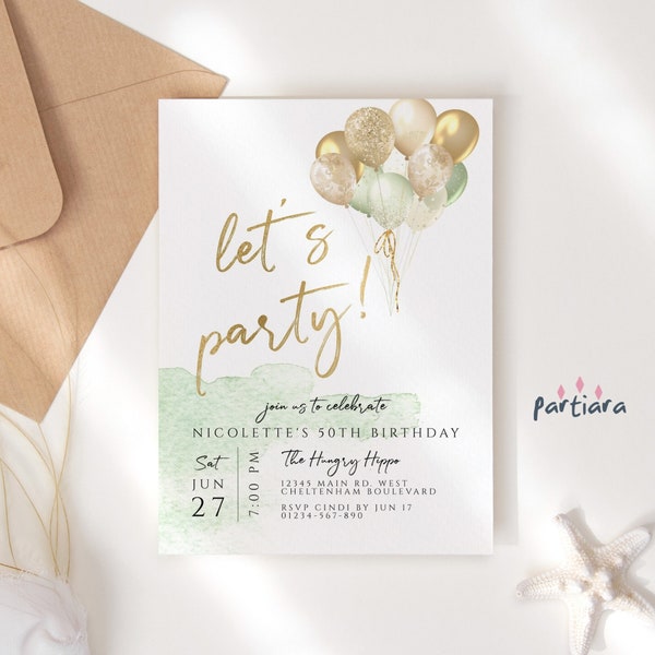 Editable Birthday Invitation Balloons Green and Gold Lets Party Invites for Girls or Ladies, Surprise Adult Party DIY Editable Printable P10