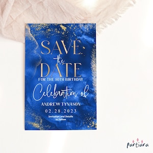 Editable Save the Date Card Birthday Party Announcement Cards Royal Blue and Gold Retirement Party Printable Editable Digital Download P271