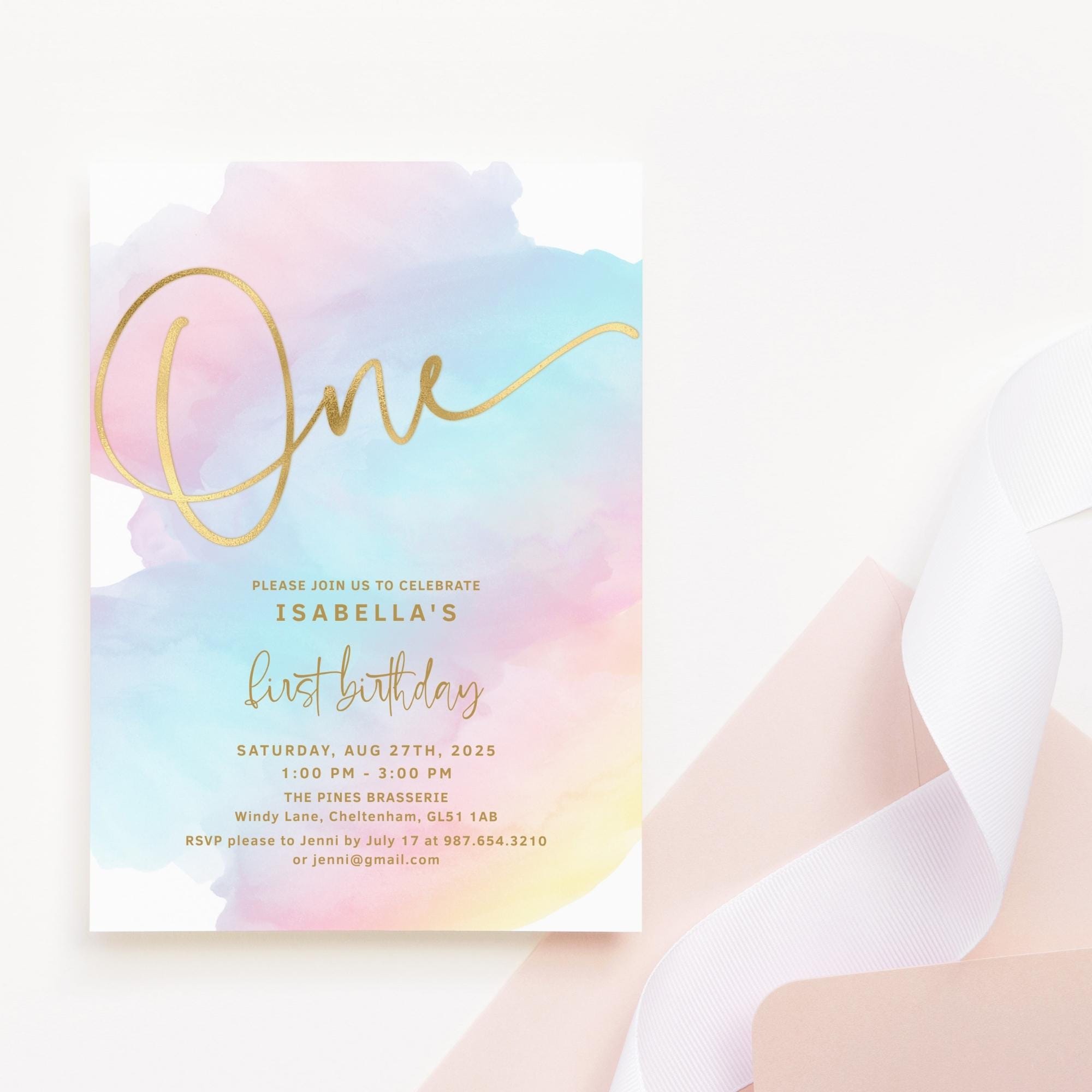 Girl 1st Birthday Invite Rainbow Template, Pastel First Birthday Invitation Printable, Editable Digital Download Card P179