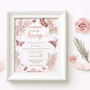 Schmetterling Nachricht vom Bump Baby Shower Tischschild Digitaler Download, Mädchen Pastell Rosa Rose Gold Blumendekor, Bearbeitbare Vorlage P171