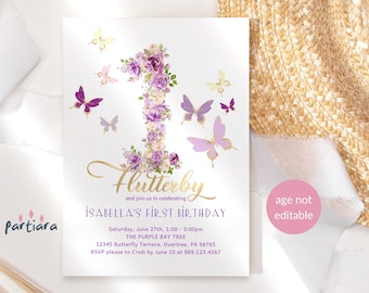 Lilac Gold Butterfly Birthday Invitation Baby Girl's 1st First Party Invite Editable Template, Purple Peach Floral Decor DIY Printable P6