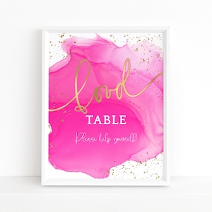 Letrero de mesa de comida de cumpleaños, póster de decoración rosa fuerte imprimible, plantilla de descarga digital editable para brunch de bufé para damas P200