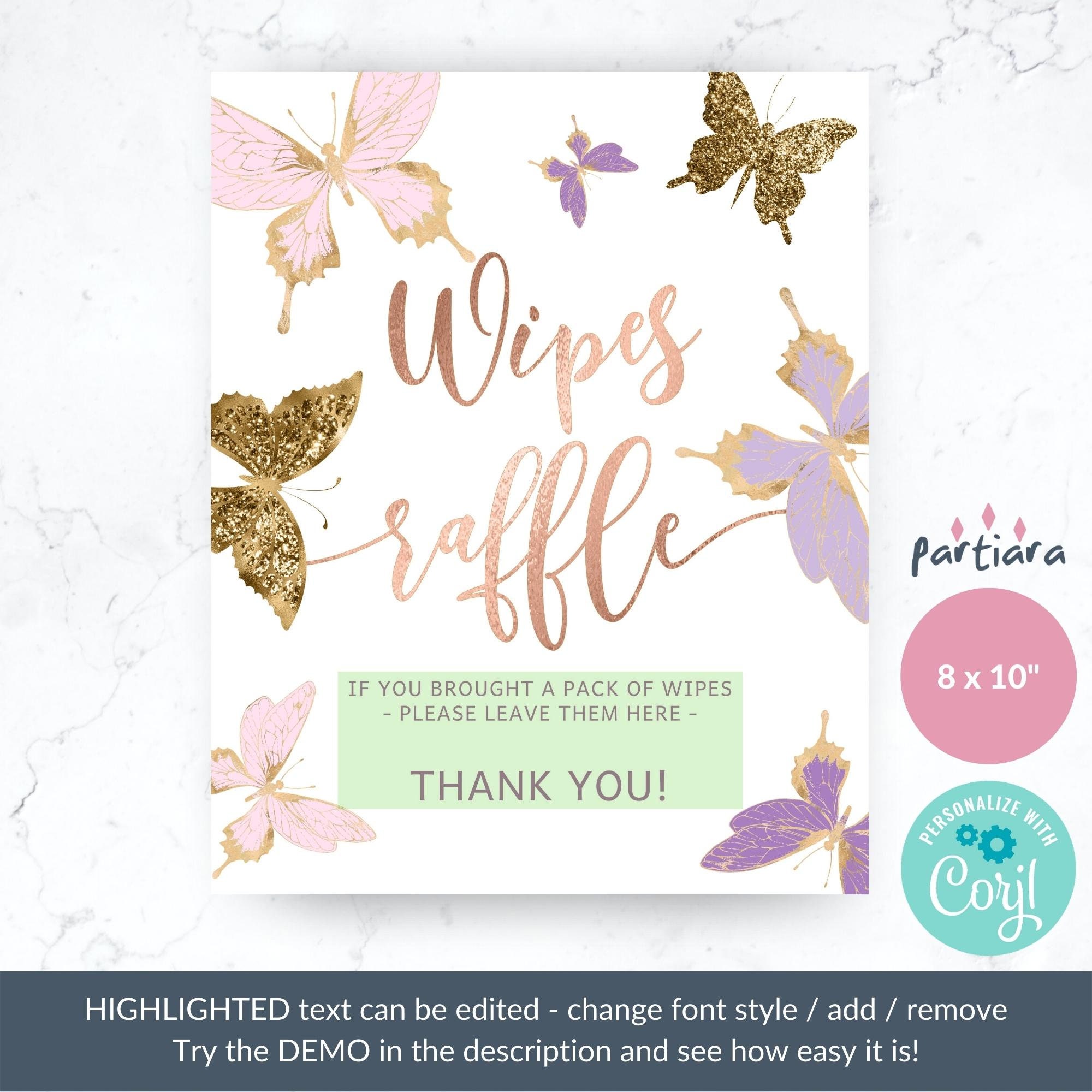 Butterfly Baby Shower Wipes Raffle Sign Printable, Girls Party Table ...