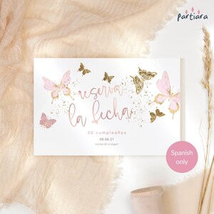 Spanisch Save the Date Card Schmetterling Vorlage, Mädchen Babyparty Save the Dates Printable, Geburtstag Taufe Ereignisse Pink Decor, bearbeitbar P532