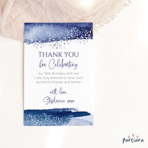 Royal Blue Silver Thank You Card Printable Ladies Birthday Party Thankyou Notecard Editable Template Mens Retirement Cards Download P237