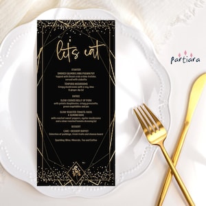 Birthday Dinner Menu Template, Black and Gold Party Menus Printable, Men or Ladies Events Table Decor Card, Editable Digital Download P493