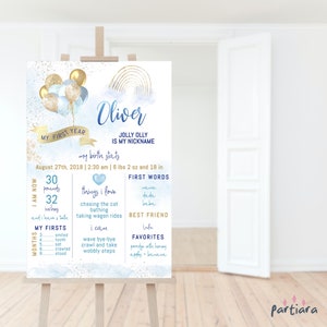 Mon garçon de signe d'étape marquante de ma première année, modèle de graphique d'étape importante du 1er anniversaire, affiche de statistiques de naissance de ballons d'arc-en-ciel d'or bleu pastel imprimable P548