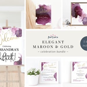 Maroon Birthday Party Kit Bundle, Ladies Dinner Party Printable Set, Burgundy Maroon Gold Wine Tasting Pack, Editable Template PPP-007 P230