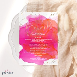 Modello di menu per brunch tropicale, menu per brunch di compleanno per donne stampabili, decorazioni da tavolo rosa acceso e arancione per ragazze adolescenti, download modificabile P200